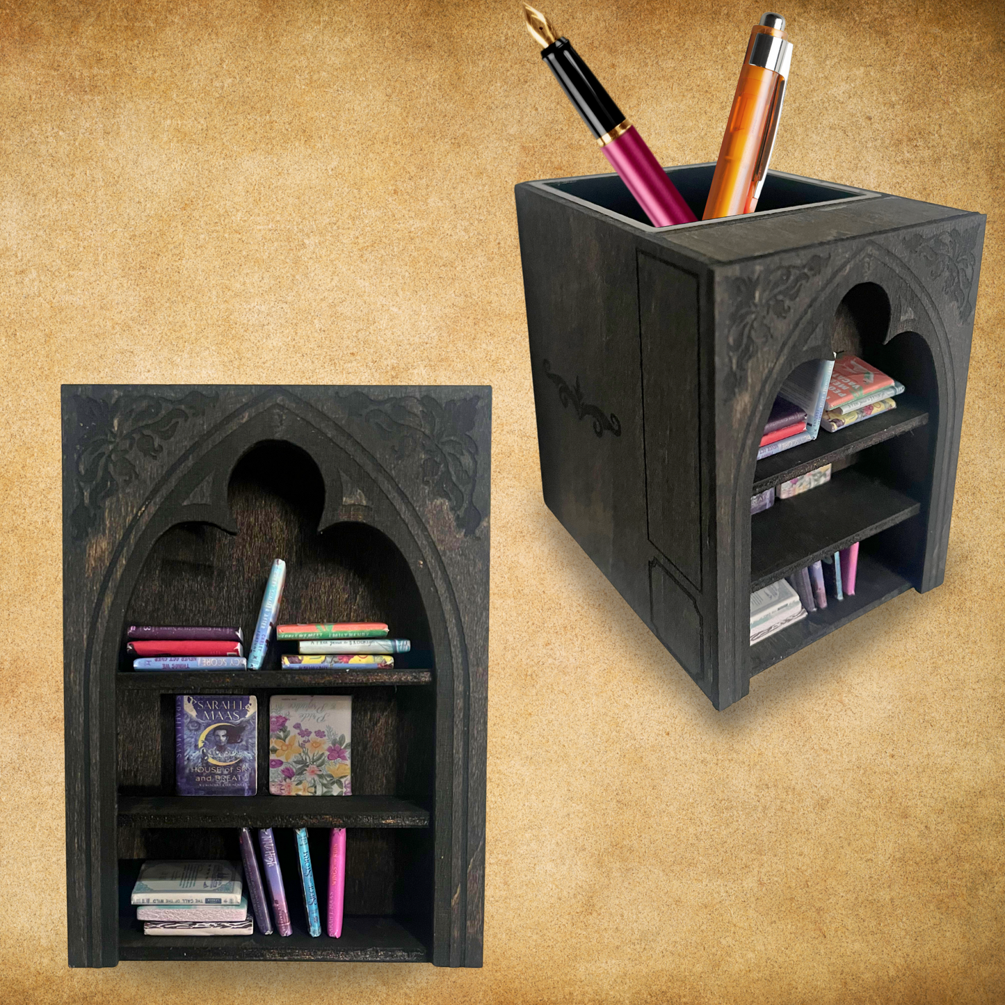 Fantasy Mini Bookshelf Desk Organizer, Pen Holder cup