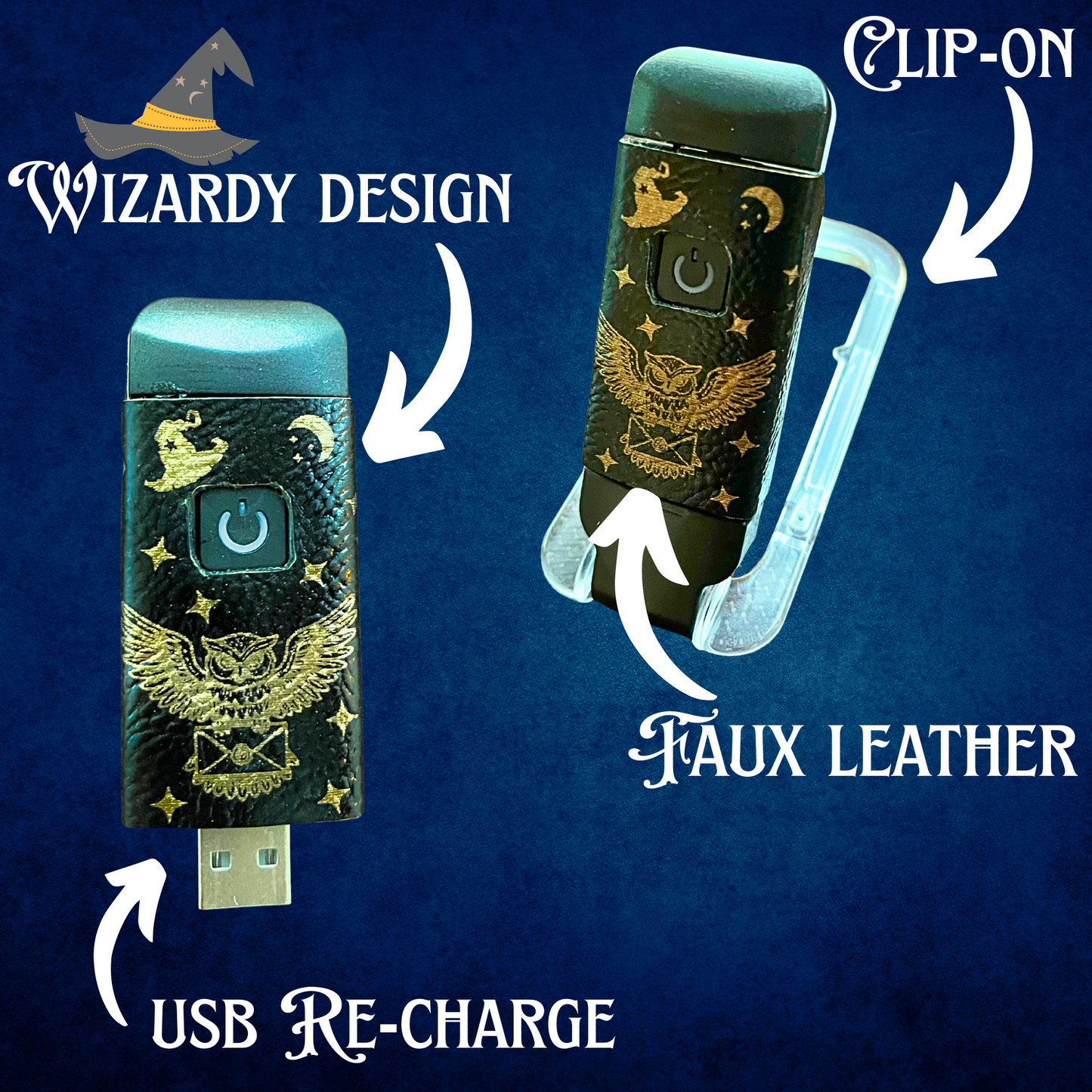Wizard Book Light: Faux Leather Owl Design, USB Rechargeable
