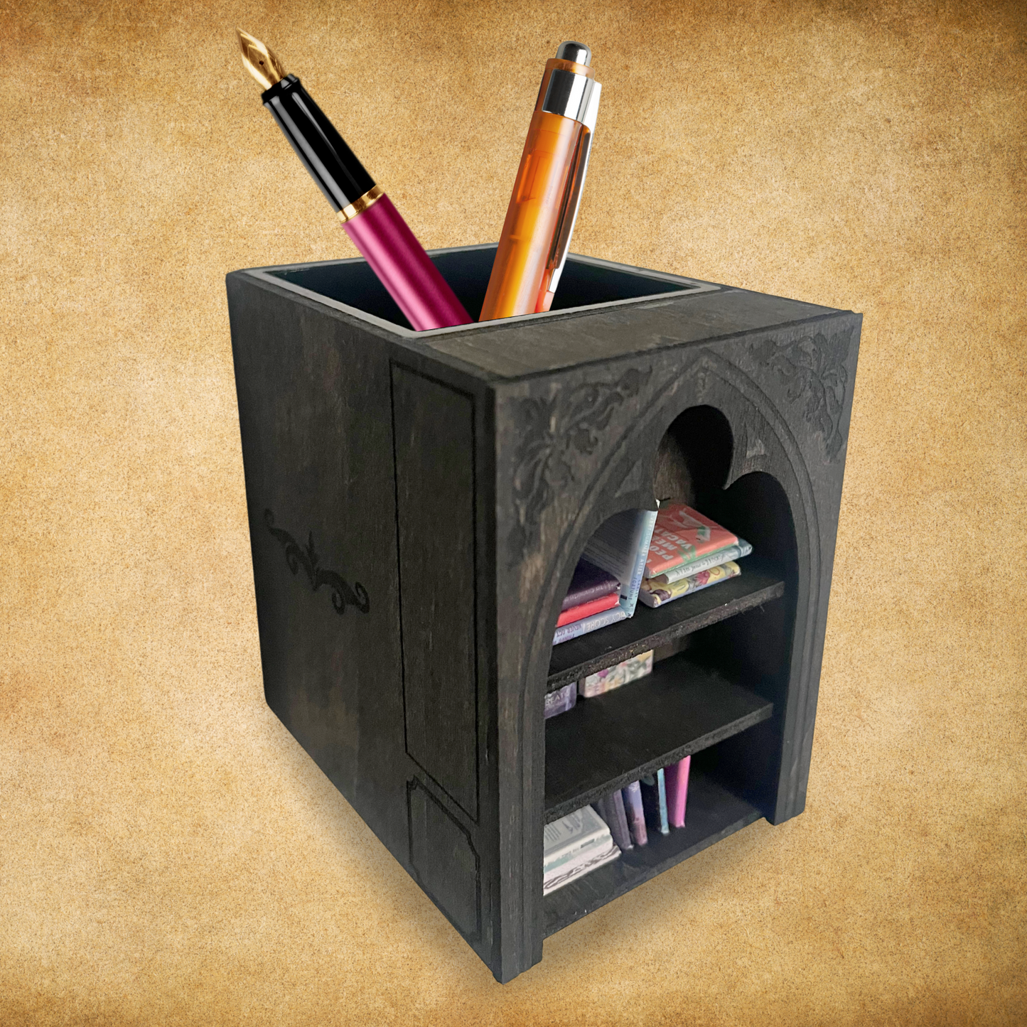 Fantasy Mini Bookshelf Desk Organizer, Pen Holder cup