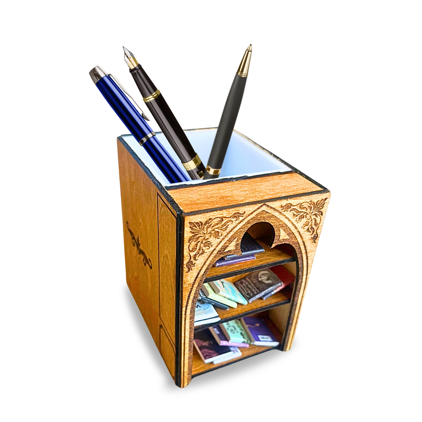 Wooden Desk Organizer with Pen Holder and Bookshelf Design, Decorative Mini Library Storage, Customizable