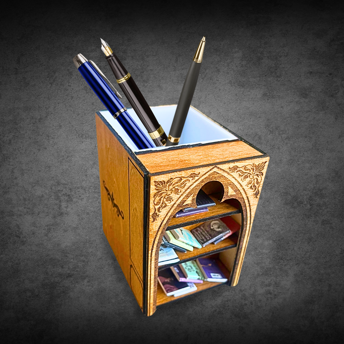 Wooden Desk Organizer with Pen Holder and Bookshelf Design, Decorative Mini Library Storage, Customizable