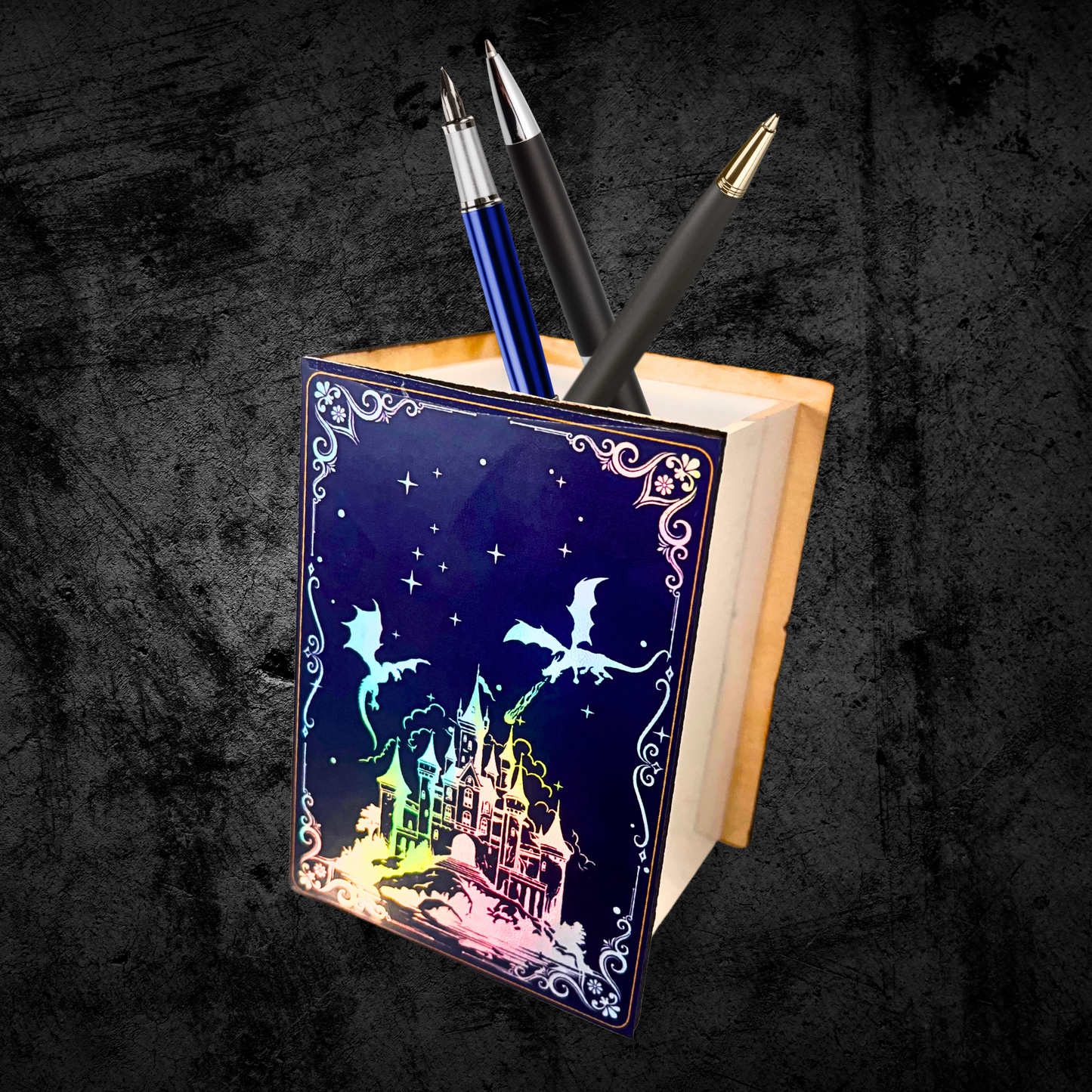 Desk Organizer, Pen Holder, Holographic Fantasy Theme Castle and dragons lover Gift, DND lovers