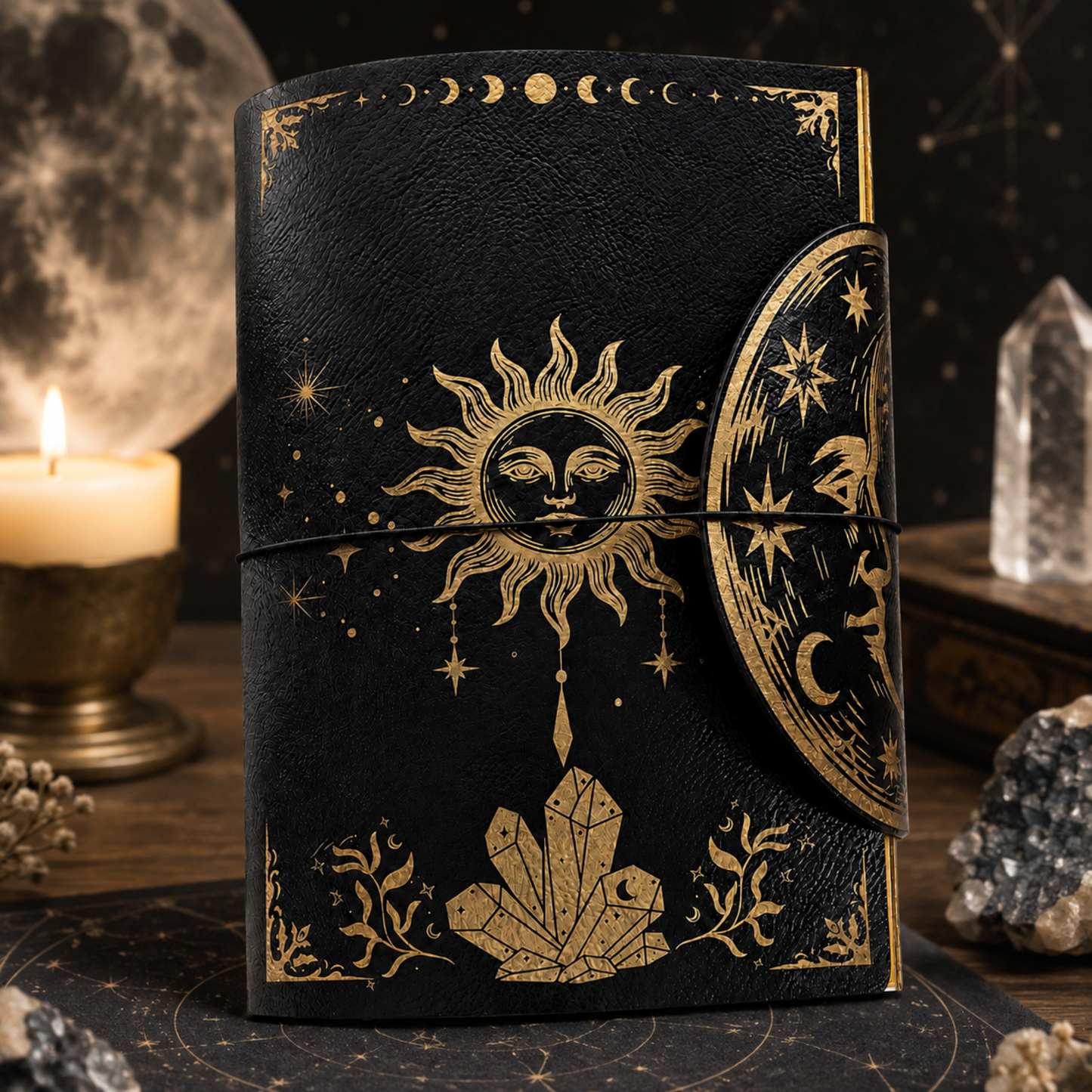 A black journal with gold celestial designs, including a sun face, moon phases, stars, and a crystal cluster, shown closed with a wrap strap. The journal is photographed on a dark tabletop with candles, a moon lamp, and crystals in the background.