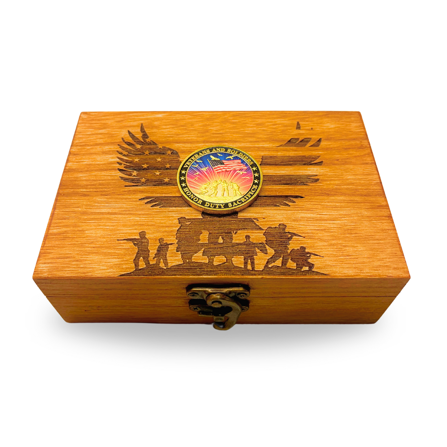 Veteran Military Honor Duty Commemorative Wooden Keepsake Box, Maple Hardwood, Laser Engraved Design