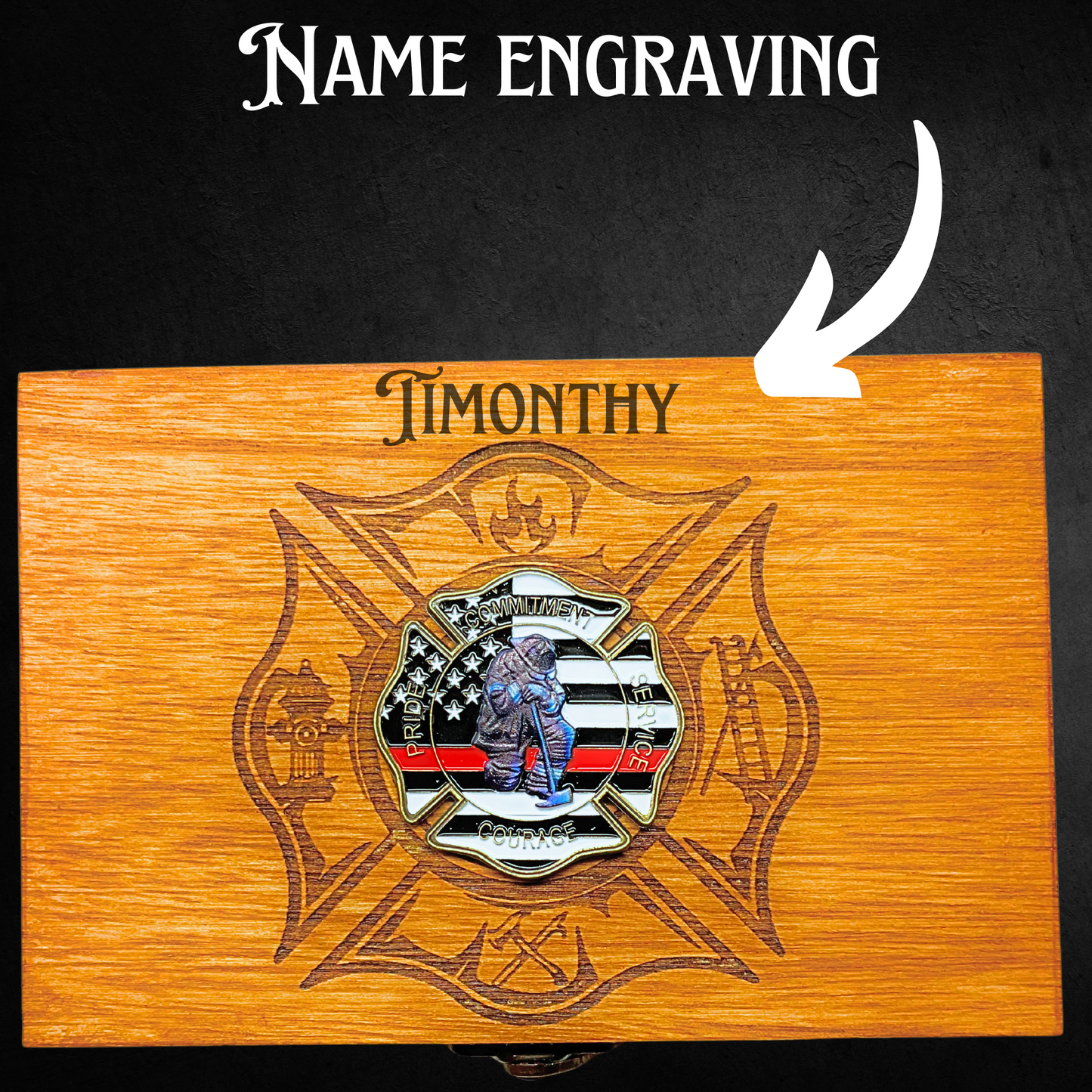 Firefighter Wooden Keepsake Box, Maple Hardwood with Laser Engraved Maltese Cross, American Flag Design