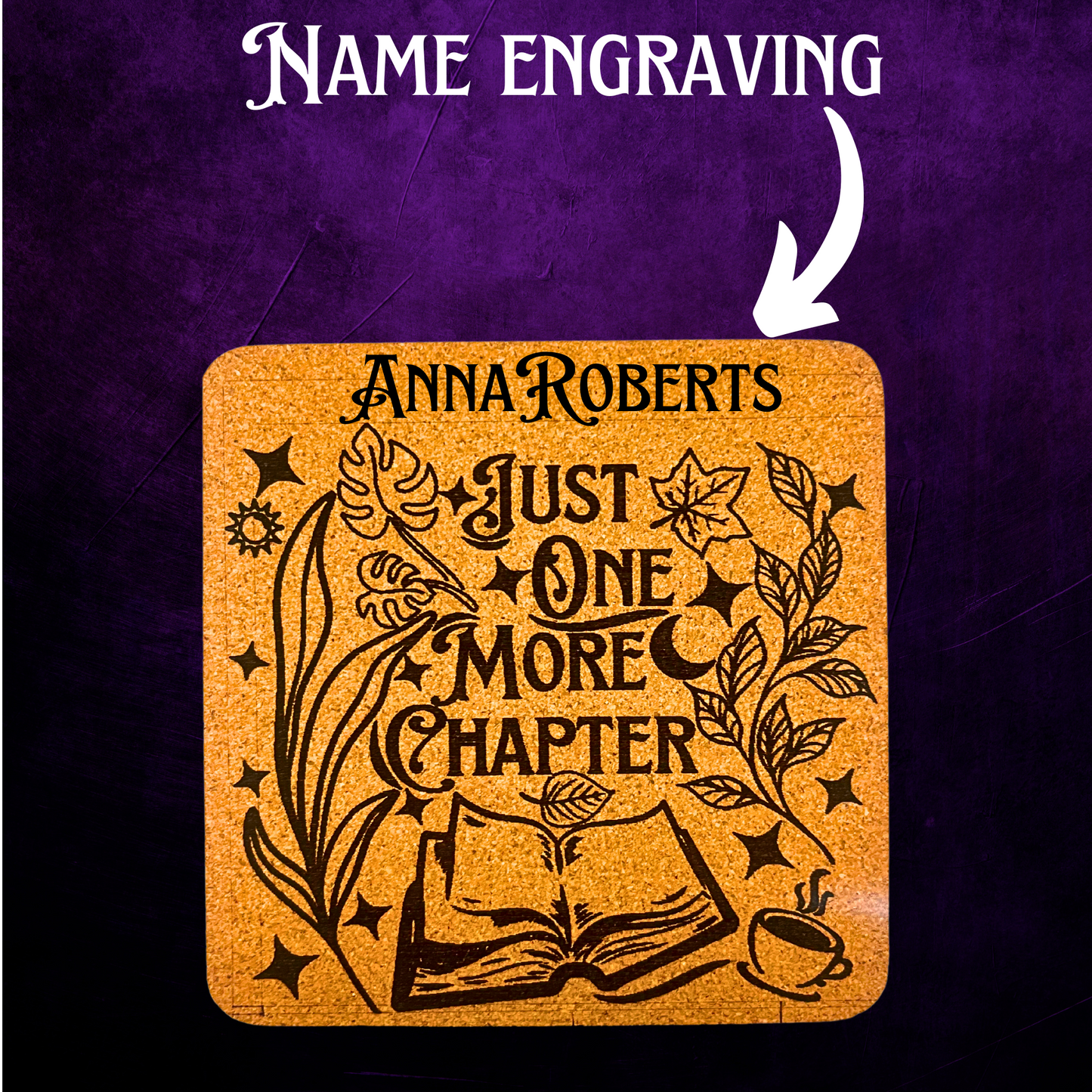 Book Lover Cork Coasters with Whimsical Designs, Set of 4, Laser Engraved personalized name option