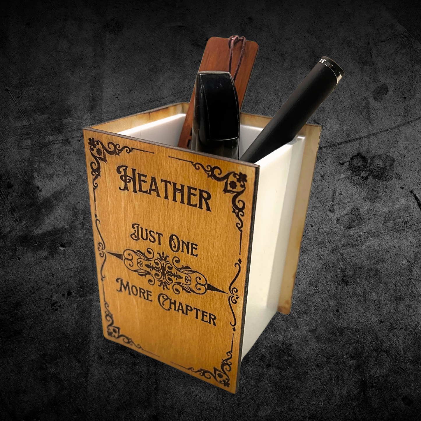Personalized Wooden Pen Holder, Book Design Desk Organizer, Customizable Name