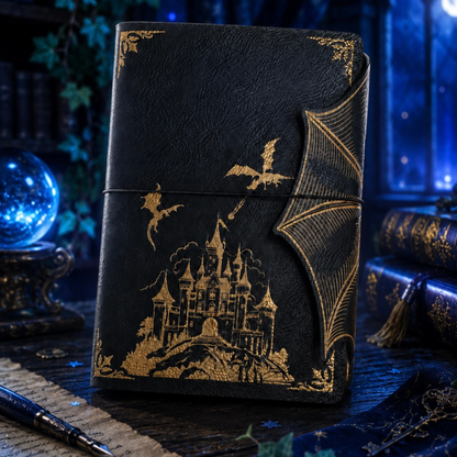 Dragon-wing-shaped journal flap with black elastic closure