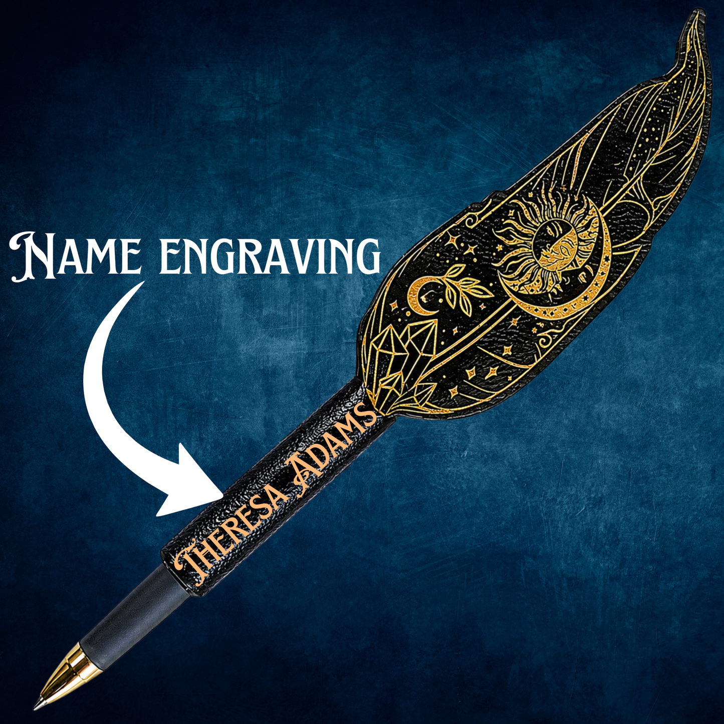 Celestial feather pen showcasing personalized name engraving