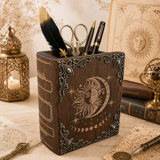 Personalized celestial wooden pen holder with sun and moon engraving