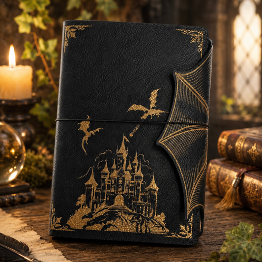 Black and gold fantasy dragon refillable A5 journal with wing-shaped flap