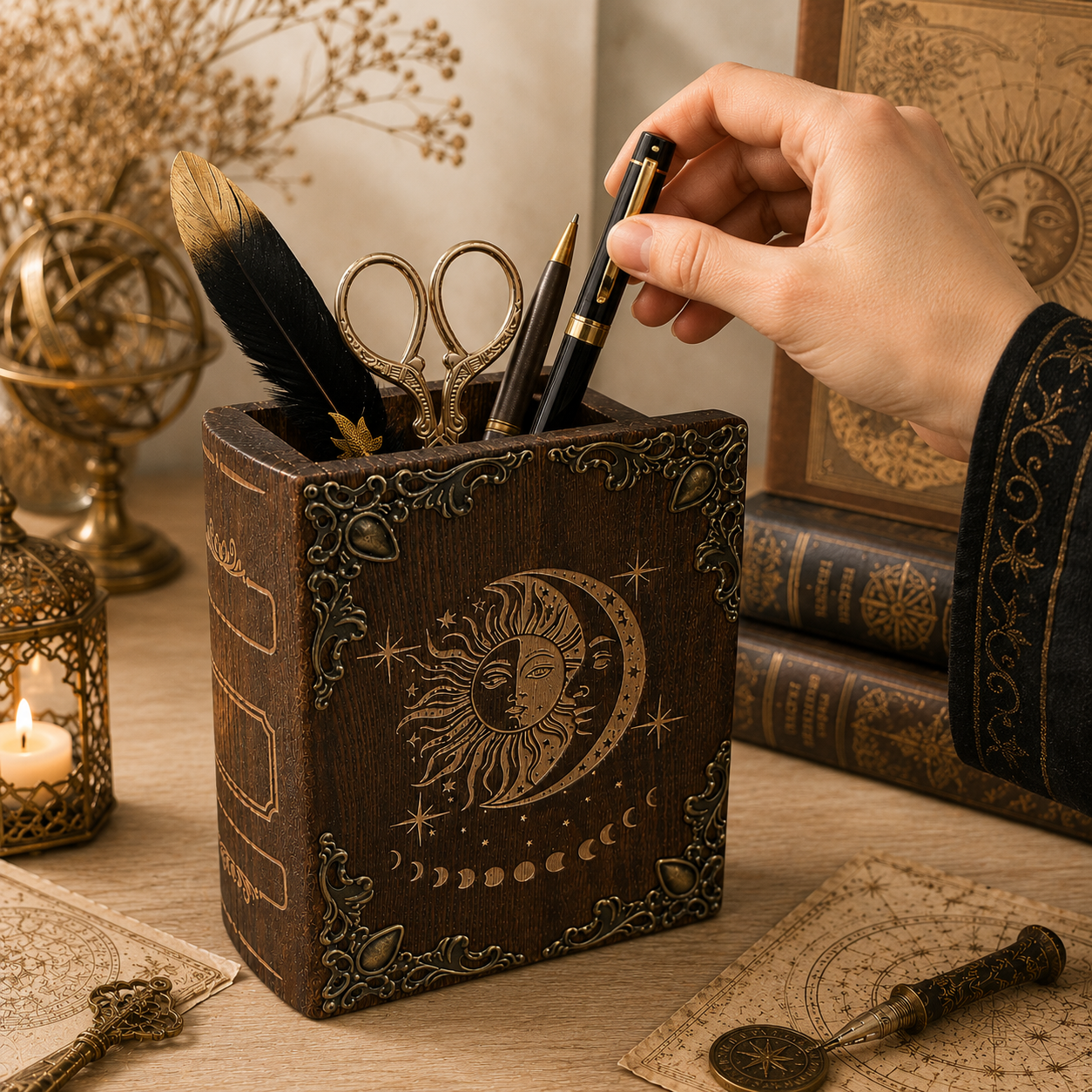 Celestial pen holder styled on mystical desk with blue astrology decor