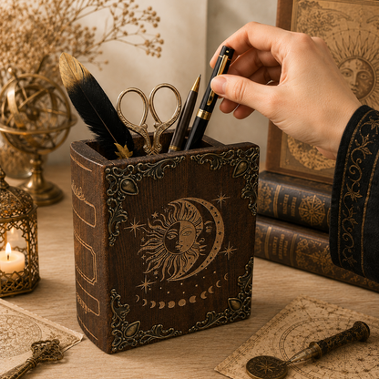 Celestial pen holder styled on mystical desk with blue astrology decor