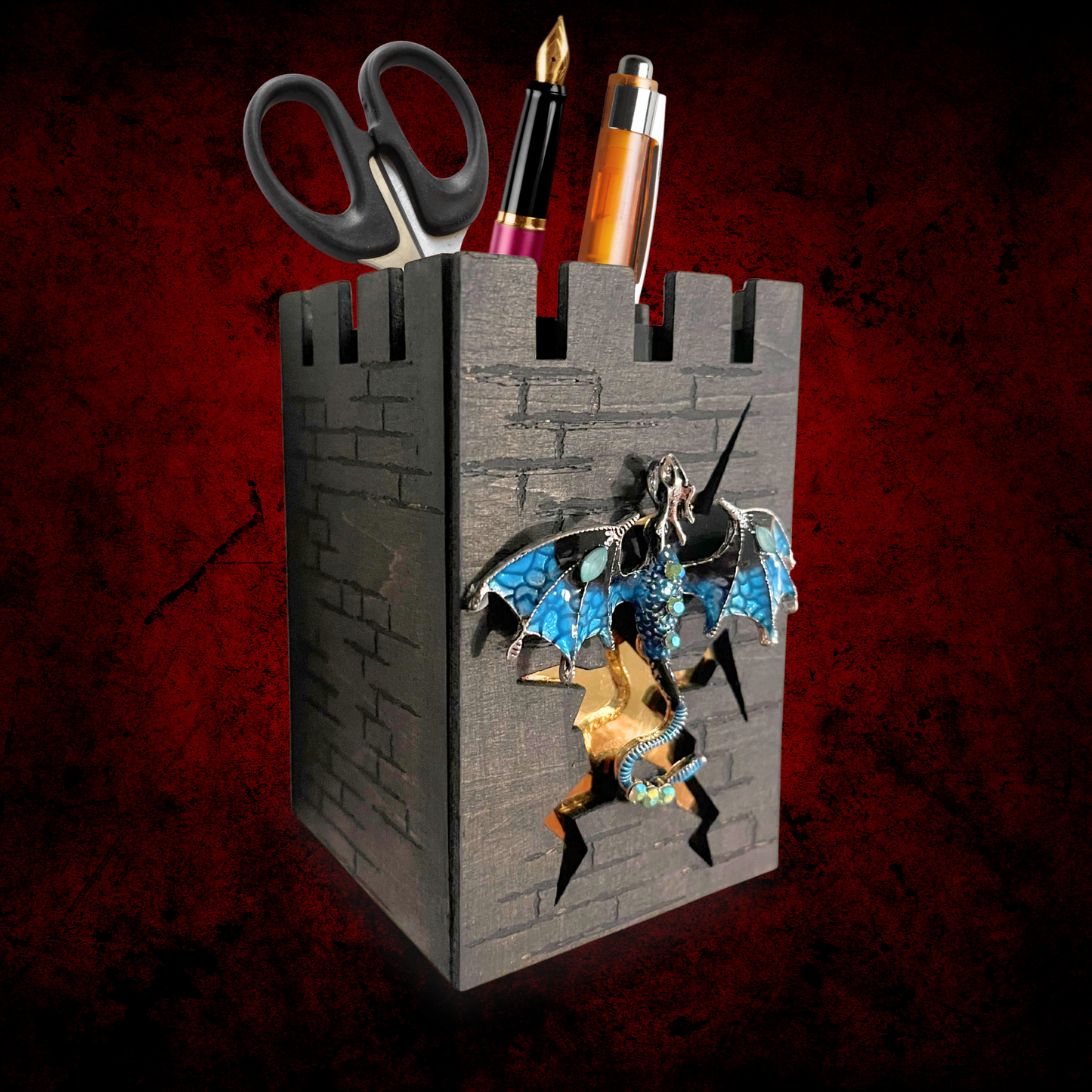 Castle Pen Holder with Dragon – Fantasy Desk Organizer for DnD Lovers – Medieval Pencil Cup & Unique Office Decor Gift