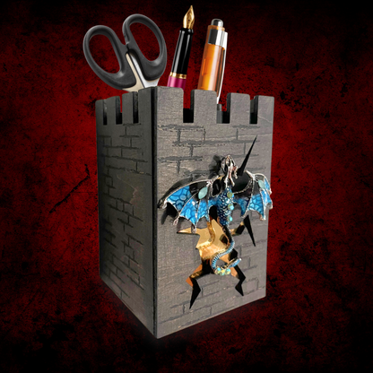 Castle Pen Holder with Dragon – Fantasy Desk Organizer for DnD Lovers – Medieval Pencil Cup & Unique Office Decor Gift