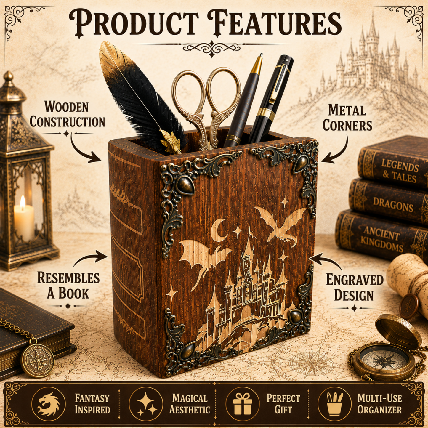 Personalized fantasy wooden pen holder with dragon and castle engraving