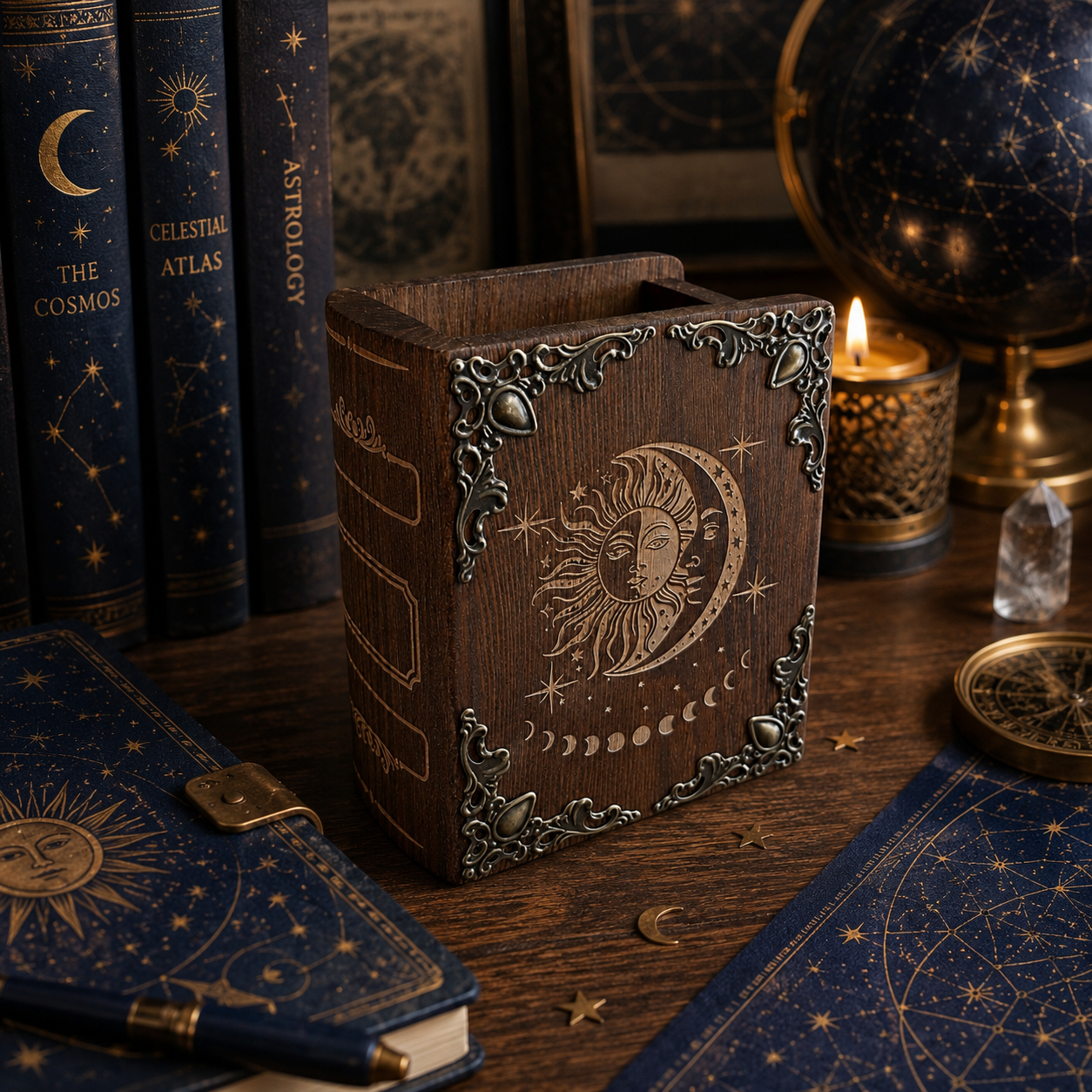 Personalized Celestial Pen Holder – Wooden Sun & Moon Desk Organizer with Name Engraving