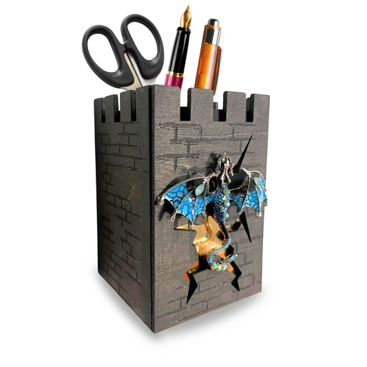 Castle Pen Holder with Dragon – Fantasy Desk Organizer for DnD Lovers – Medieval Pencil Cup & Unique Office Decor Gift