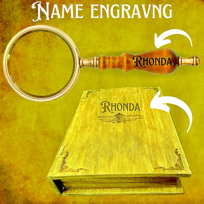 Custom Name Engraved Wood Magnifying Glass, Retro Optical Glass Magnifier Personalized, 10x Vintage Hand Magnifying Lens Glass With Box