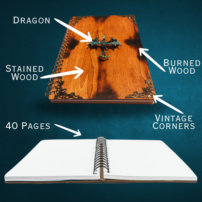 Handmade Dragon Wooden Notebook | Gifts for Booklover women & men | Book of Shadows, Grimoire scrapbook | 40 Pages A5