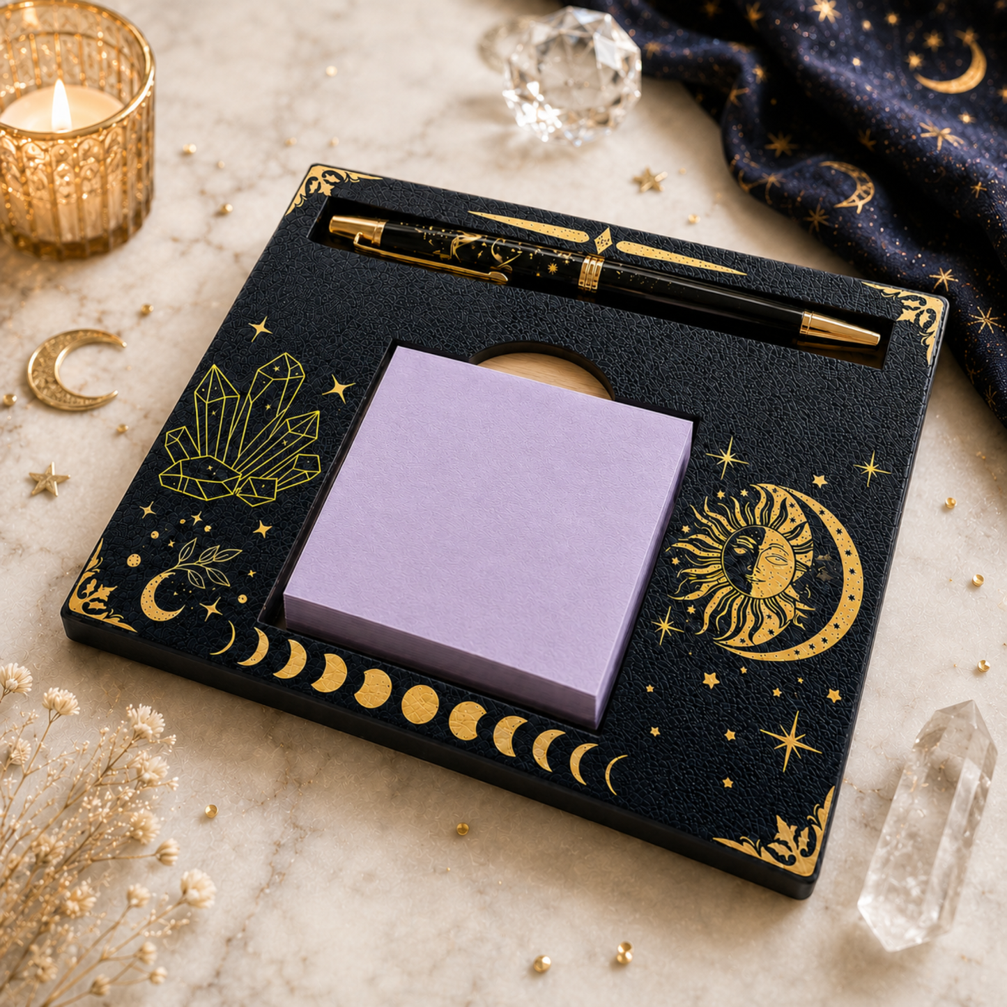 Moon phase sticky note holder with pen compartment