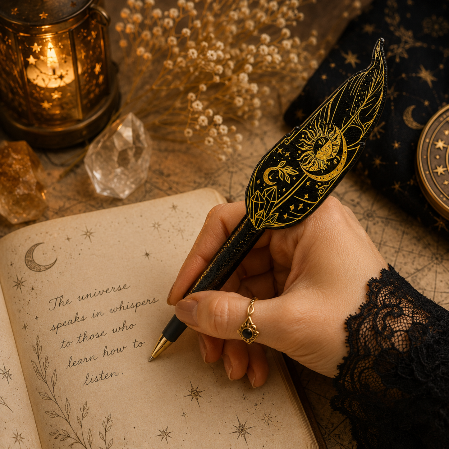 Custom engraved fantasy pen featuring sun, moon and stars design