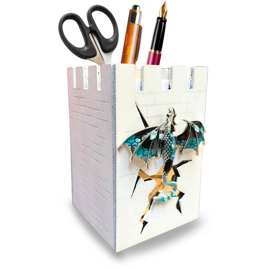 Castle Desk Organizer – Dragon Pencil Holder – Fantasy Pen Cup for DnD, Dice, Brushes, Office or Gamer Room Decor