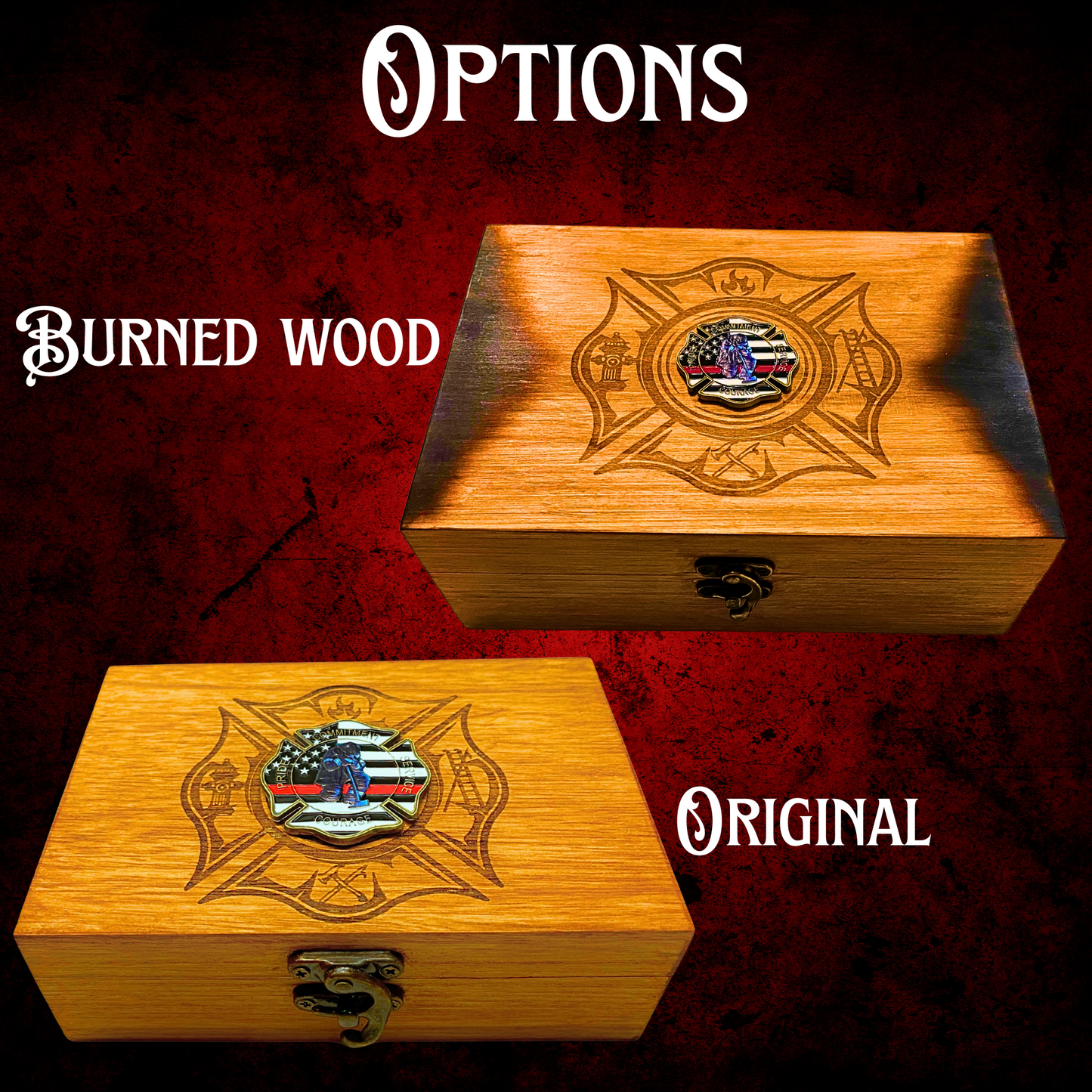 Firefighter Keepsake Box – Maple Wood Memorial Box with Maltese Cross & American Flag