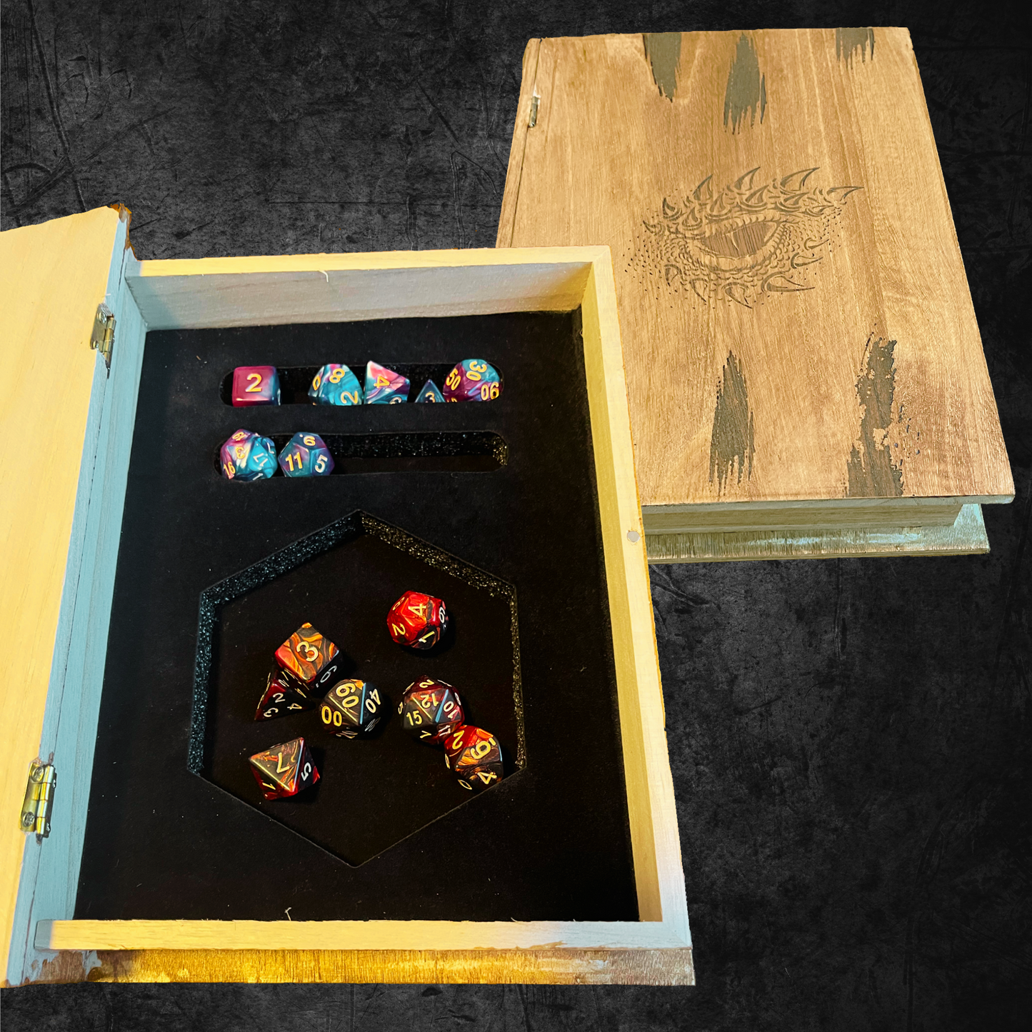 Personalized Fantasy Dice Case, Dragon Dice Print, Engraved Wood Box, Dice Box Gift,  D&D Dungeons and Dragons Box, Dice Case Set Storage