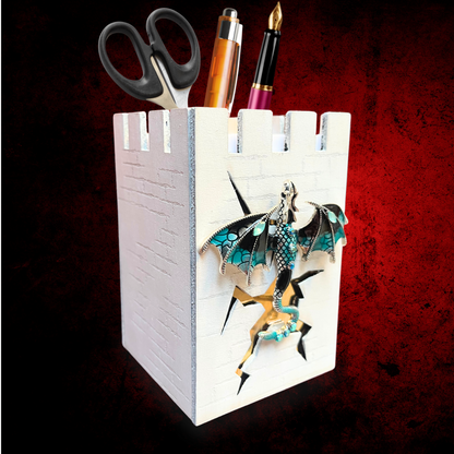 Castle Desk Organizer – Dragon Pencil Holder – Fantasy Pen Cup for DnD, Dice, Brushes, Office or Gamer Room Decor