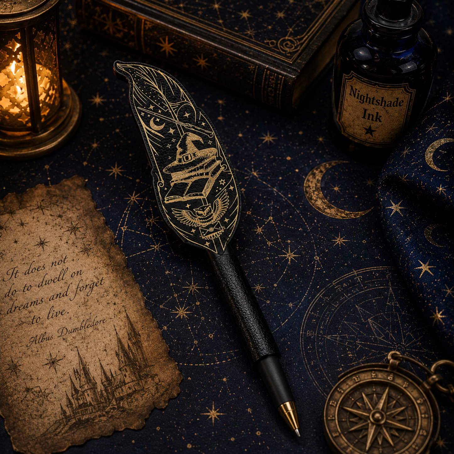Wizard quill pen with engraved fantasy feather design