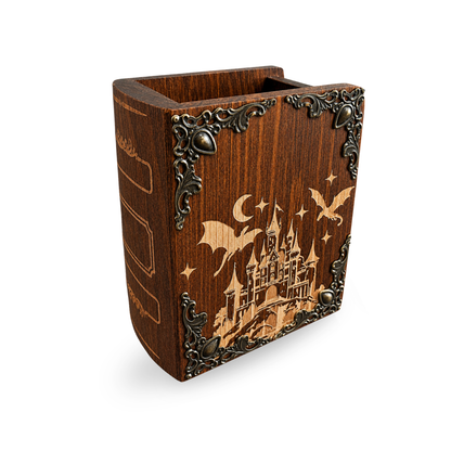 Personalized Fantasy Pen Holder – Wooden Dragon & Castle Desk Organizer