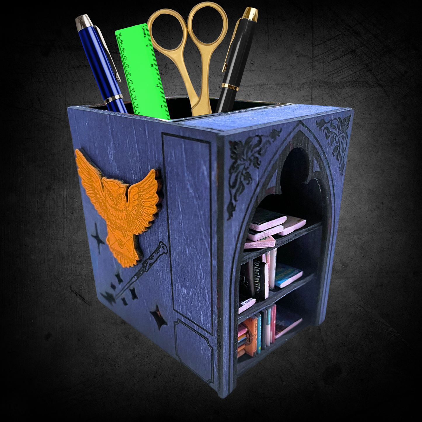 Wizard Bookshelf Desk Organizer – Fantasy Pen Holder & Mini Bookcase Decor