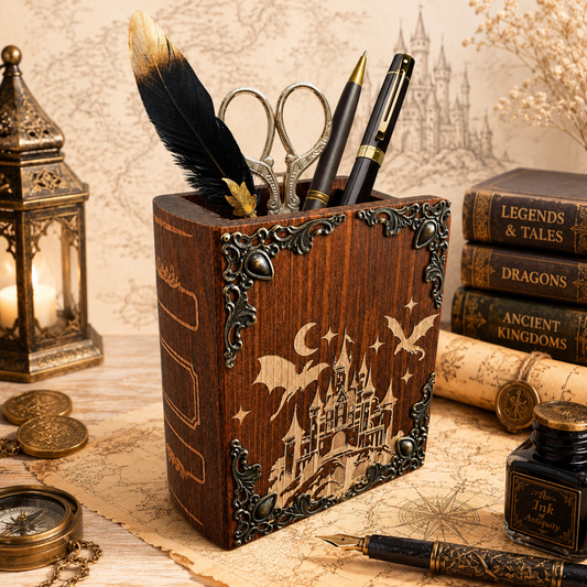 Fantasy desk organizer with engraved castle moon and stars