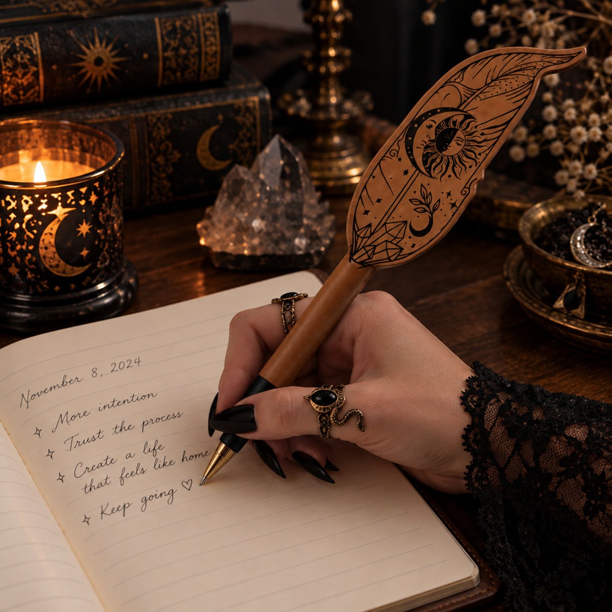 Personalized Celestial Quill Pen – Engraved Feather Ballpoint Pen for Writers, Readers & Fantasy Lovers