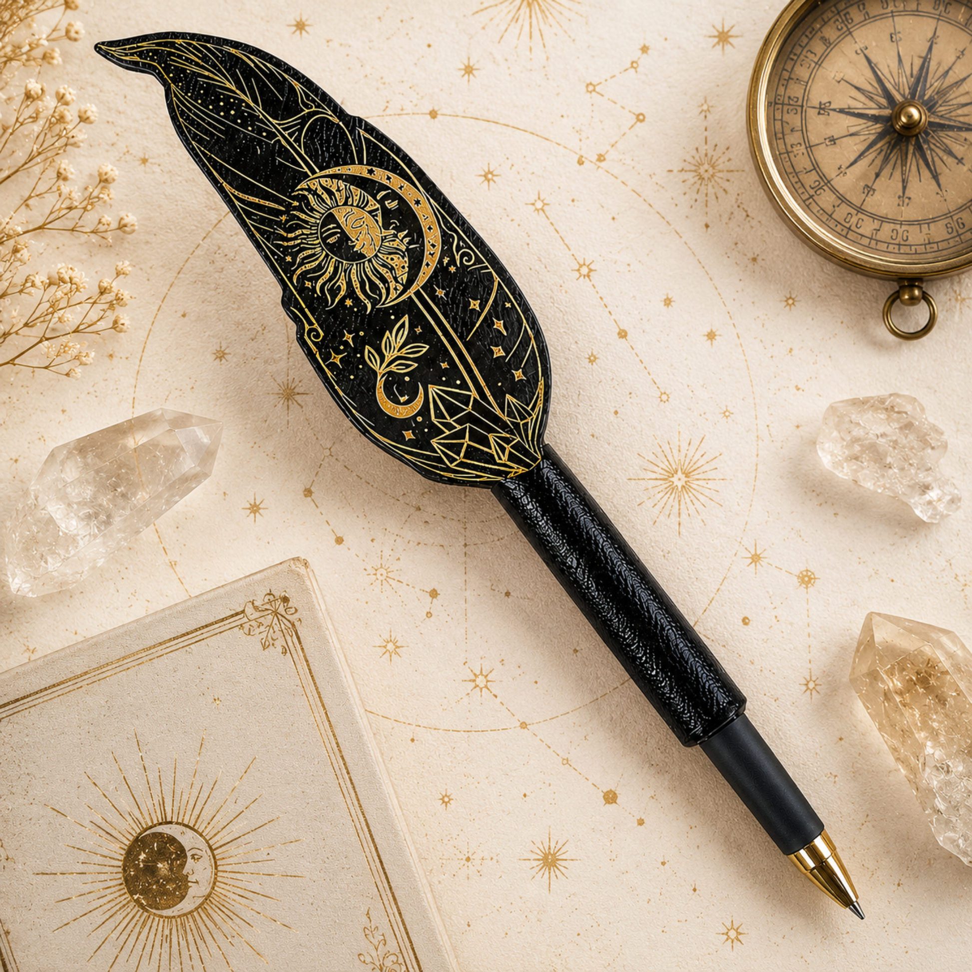Personalized celestial quill pen with custom engraved name and gold moon artwork