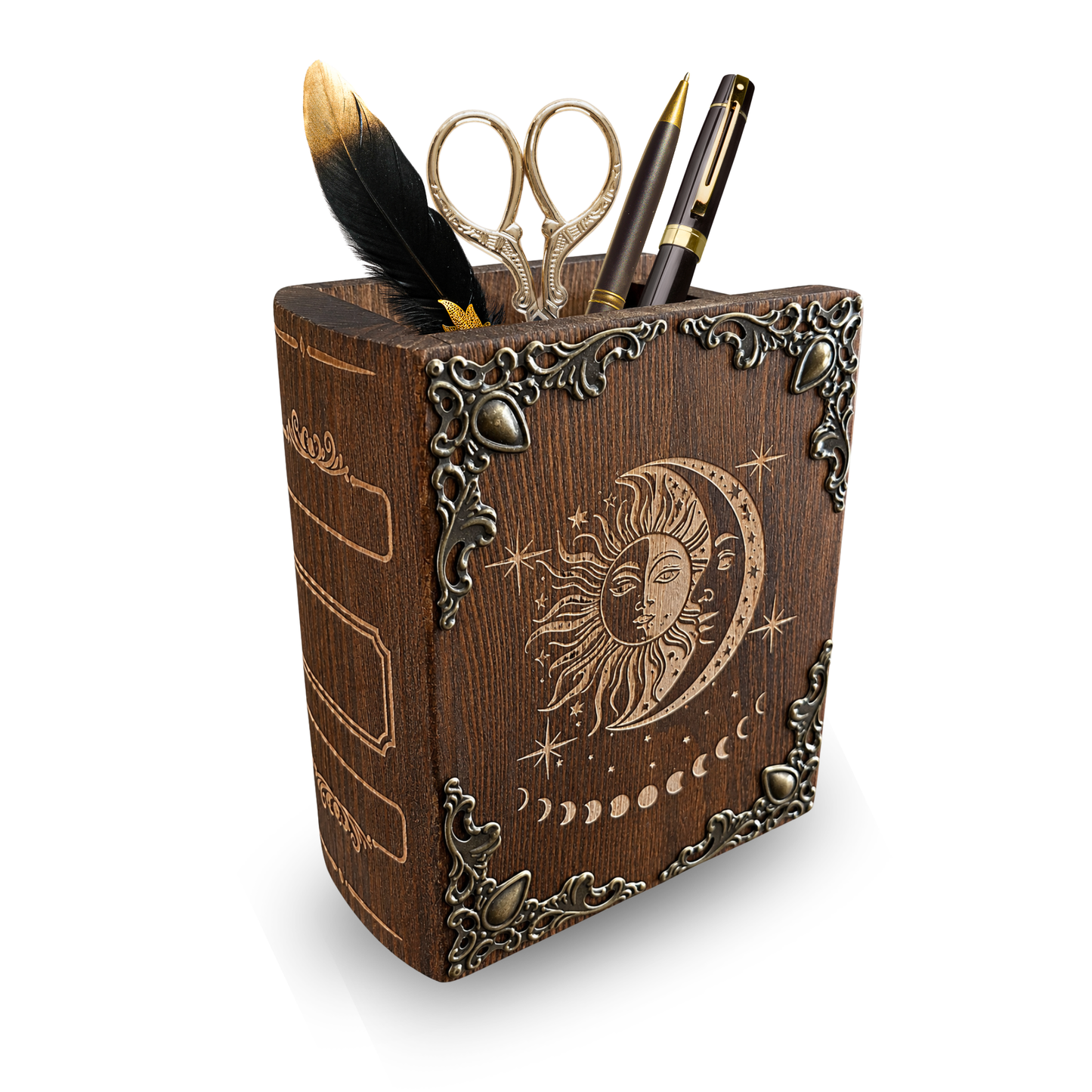 Personalized Celestial Pen Holder – Wooden Sun & Moon Desk Organizer with Name Engraving
