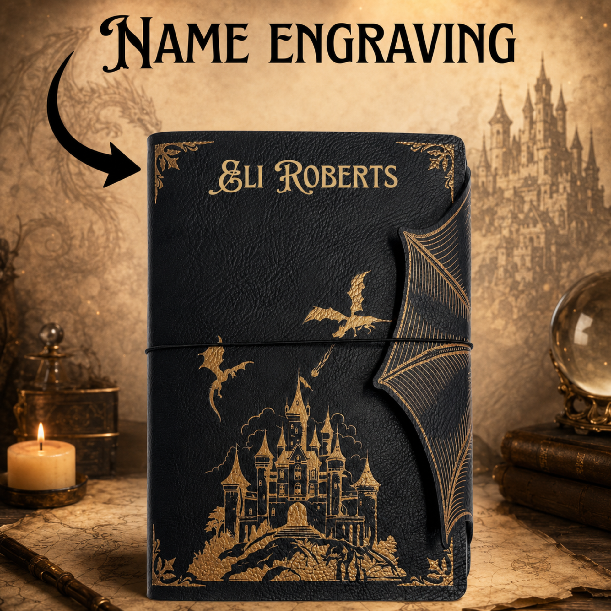 Optional custom name engraving on black and gold dragon journal