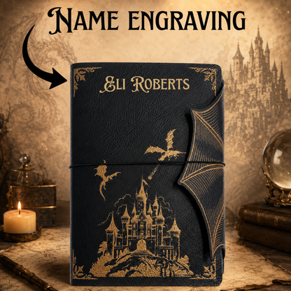 Optional custom name engraving on black and gold dragon journal