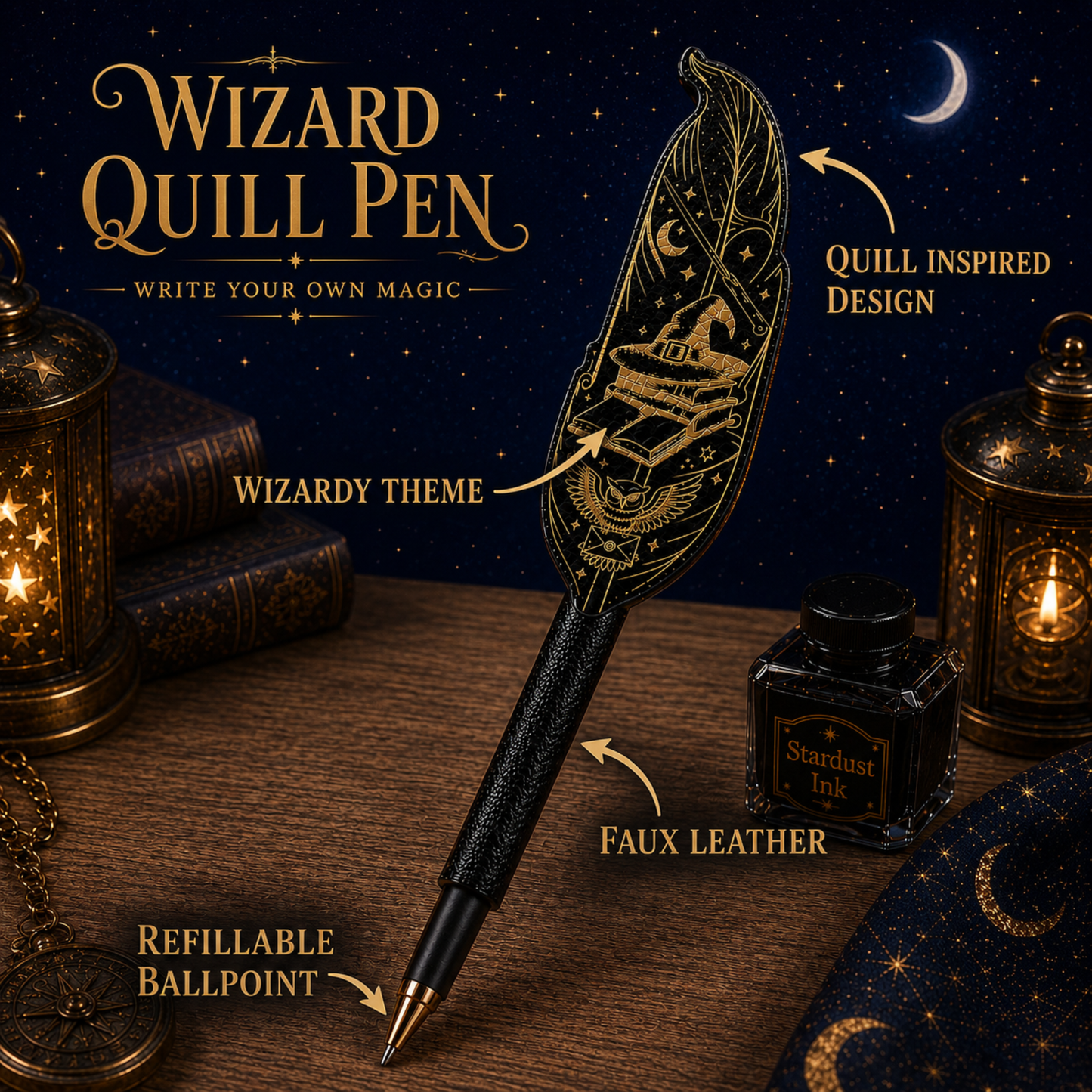 Wizard Quill Pen | Fantasy Ballpoint Pen | Refillable Magical Writing Pen