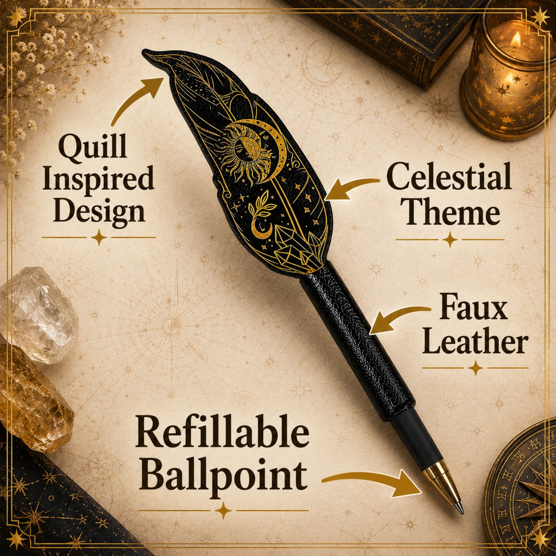 Celestial quill pen writing in journal with mystical desk decor