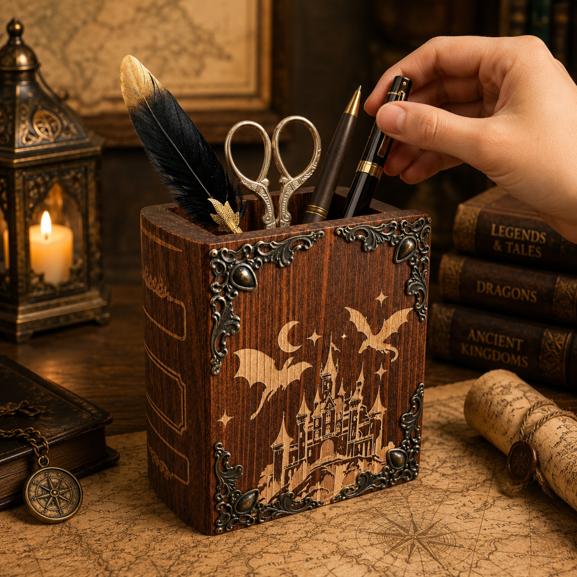 Book style wooden pen holder for fantasy lovers and writers