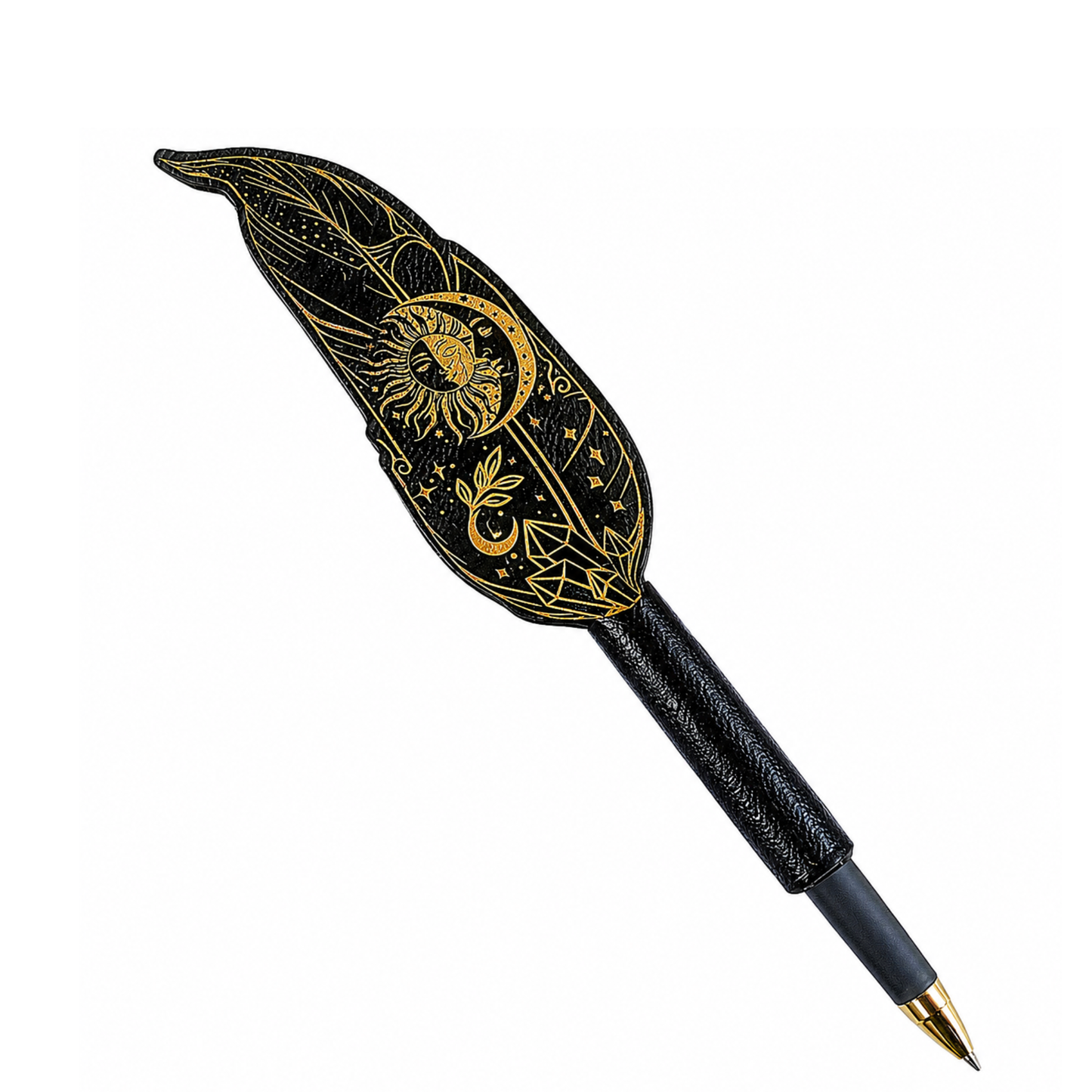 Black and gold celestial feather pen with refillable ballpoint tip