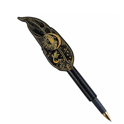 Black and gold celestial feather pen with refillable ballpoint tip