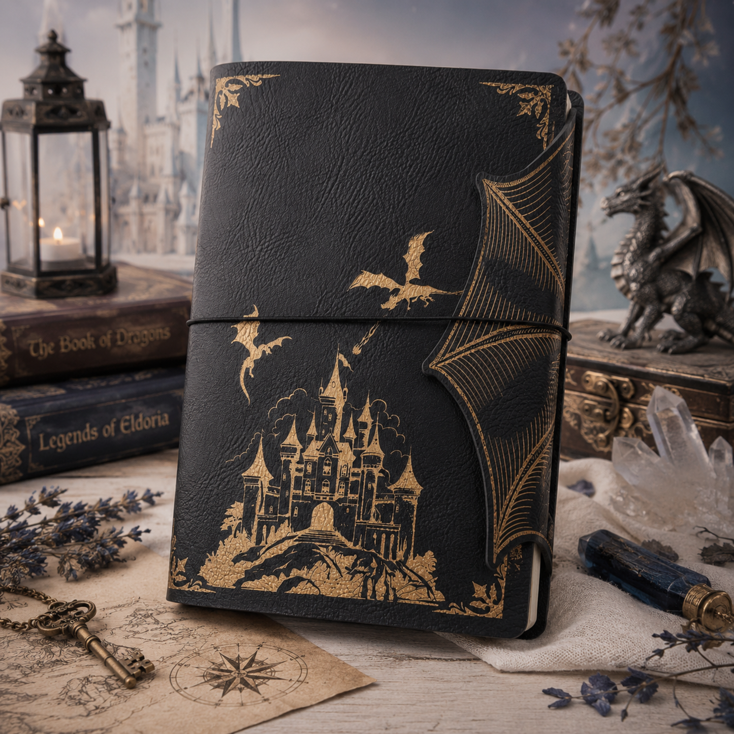 Fantasy journal feature graphic showing faux leather cover and dragon wing closure
