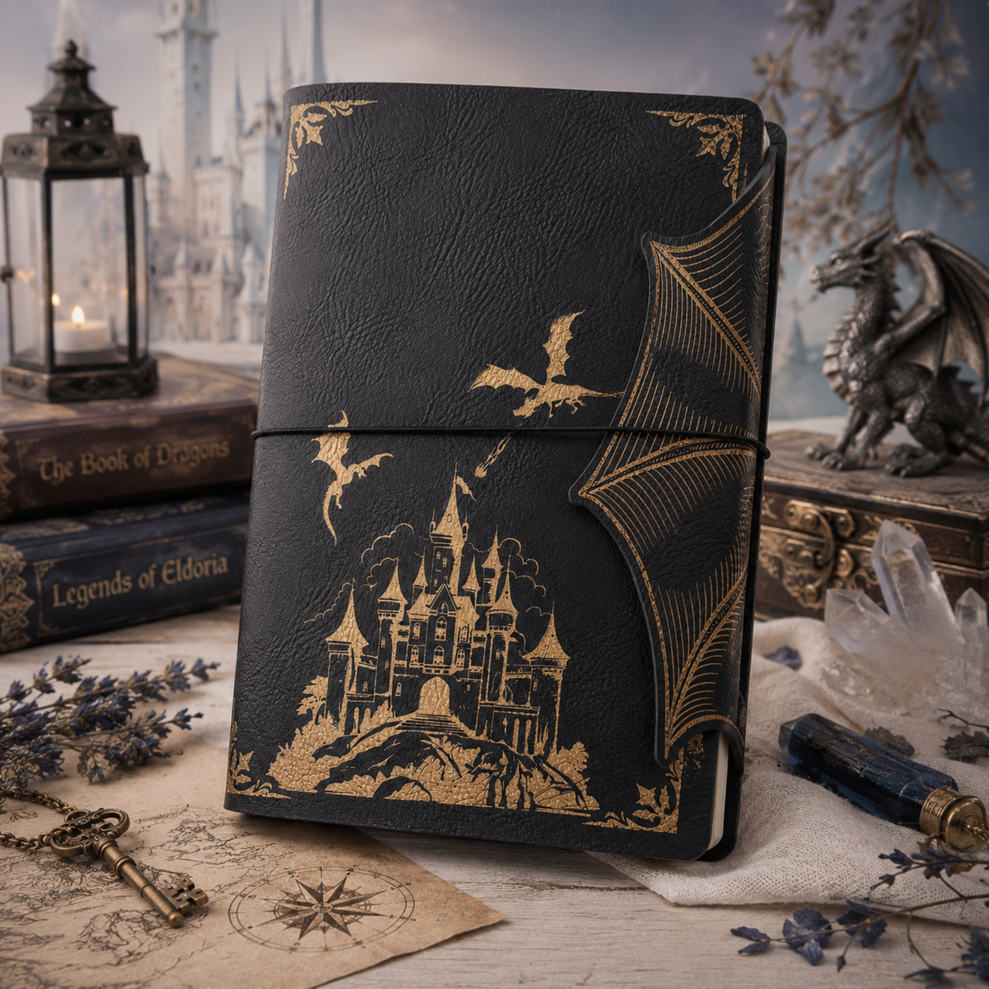 Fantasy journal feature graphic showing faux leather cover and dragon wing closure