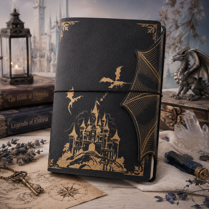 Fantasy journal feature graphic showing faux leather cover and dragon wing closure