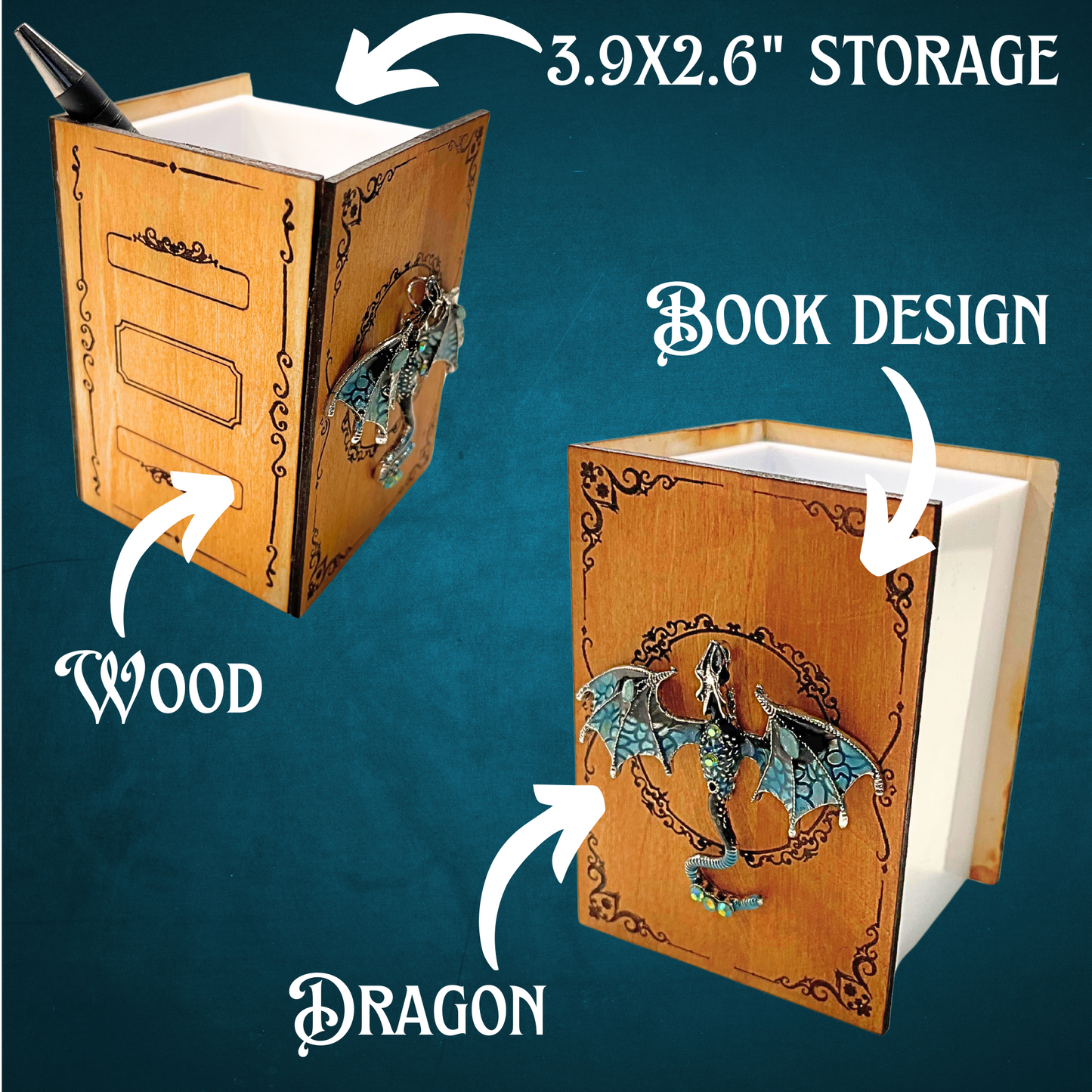 Desk Organizer, Pen Holder, Fantasy Dragon Book Lover Gift for her him, Personalized Name