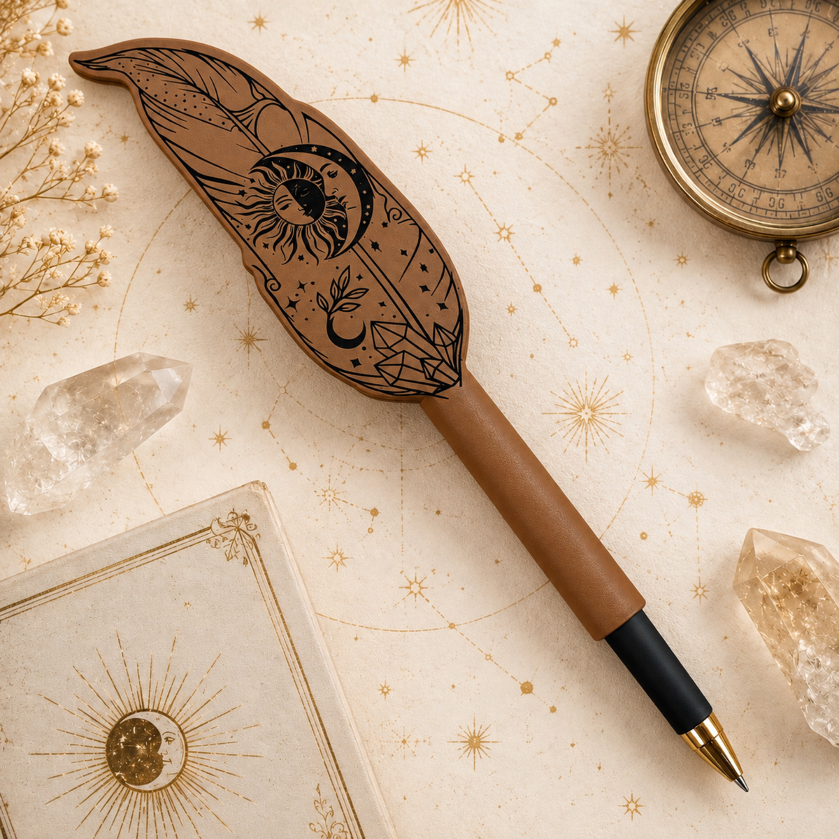 Personalized Celestial Quill Pen – Engraved Feather Ballpoint Pen for Writers, Readers & Fantasy Lovers