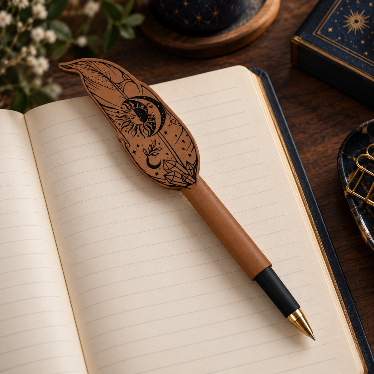 Personalized Celestial Quill Pen – Engraved Feather Ballpoint Pen for Writers, Readers & Fantasy Lovers